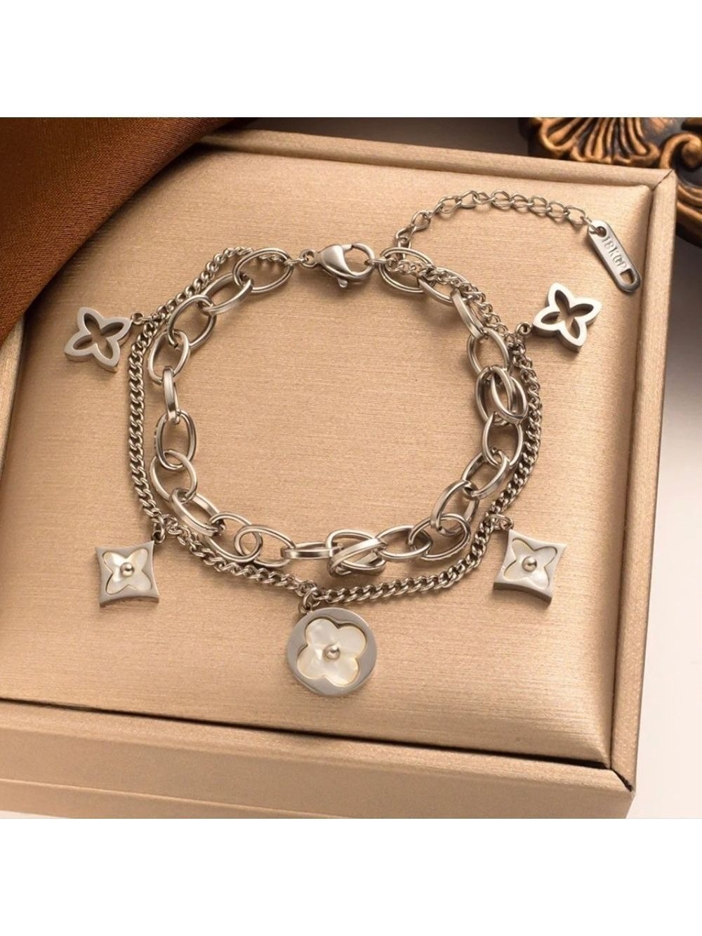 Pearl White Star Clover Charm Dual Chain Silver Toned Stainless Steel Bracelet